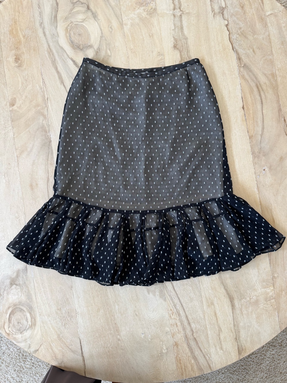 Ann Taylor Black Polka Dot Midi Skirt with Ruffle Hem